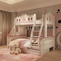 Lit superposé pour enfants de conception française, en bois, avec étagères et lit gigogne