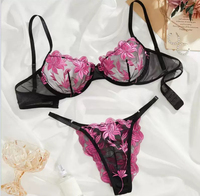 Lingerie sexy pour femmes, ensemble de soutien-gorge et culotte sexy et coquin sans manches à col en V, ensemble en dentelle florale exotique