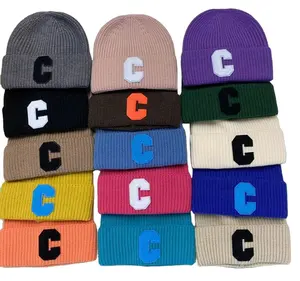 Fashion Knitted Cap Beanie Men Letter C Embroidery Soft Knit Hat Women Cycling Skiing Cap