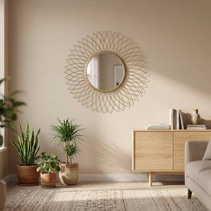 Round Metal Wall Mirror With Bohemian Sunburst Design Gold Framed Decorative Mirror For Living Room Wall Art - Product Image 1