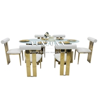 Table à manger ovale luxueuse et moderne avec plateau en verre blanc et base en acier inoxydable doré pour hôtel et cérémonies en plein air