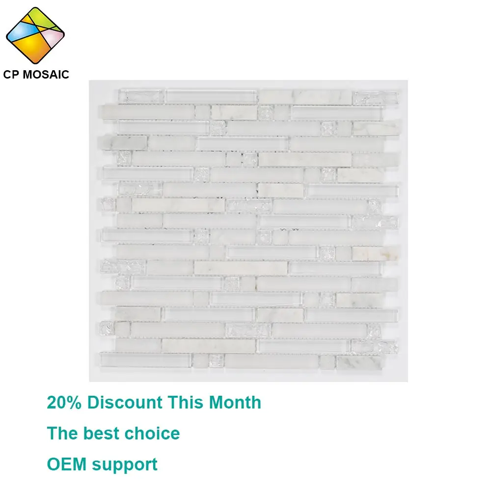 Discount frosted and ice- crackle white crystal glass mix marble stone mosaic tile in small inventory for sale