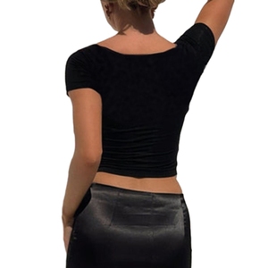 Wholesale New Sexy Lace Solid Colour <b>Tie</b> Short Sleeve Bodycon T-Shirt Top for Women Fashion - Product Image 5