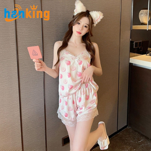 Ehanking, conjunto de pijama con estampado de letras de encaje para mujer, conjuntos de pantalones cortos, conjuntos de pijamas con estampado de seda helada suaves y cómodos para mujer - Product Image 2