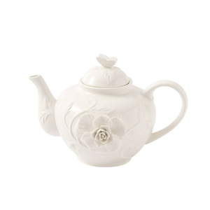 Embossed Hand-sculpted Floral French Ceramic Coffee Cup, Saucer & Teapot <b>Set</b>, Vintage British Afternoon <b>Tea</b> Tableware with Snack - Product Image 4