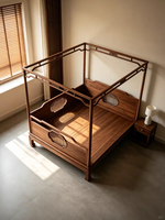 Cama King Size de Madera Maciza Tallada Estilo Chino, Estructura de Cama con Dosel de Cuatro Postes de Nogal, Juego de Muebles de Dormitorio King de Lujo