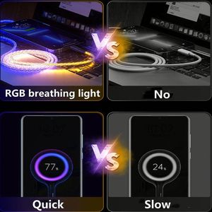 RGB 7 Colors Gradual Shining 3 in 1 Cell Phone Charger <b>Cable</b> LED Light up 1M 3.3FT 66W Super Fast Charging USB Type C Data <b>Cable</b> - Product Image 6