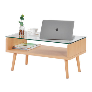 Mesa de centro de madera con tapa de cristal, muebles de madera maciza para sala de estar con espacio de almacenamiento, diseño moderno y minimalista - Product Image 3
