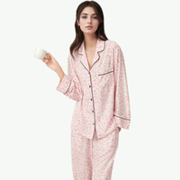 Pakaian Tidur Modal Custom ODM Bahan Katun Bambu Lembut dan Bernapas dengan Lis Piping, Piyama PJ Loungewear Set Wanita
