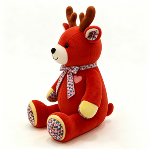 Oso de Peluche Reno Rojo, Adorable Peluche Sentado con Lazo de Puntos y Parche de Corazón, Suave Peluche Festivo de Reno - Product Image 3