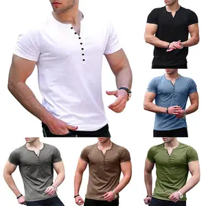 プラスサイズのメンズTシャツ半袖ソリッドボタンネックスリムフィット春夏Tシャツ