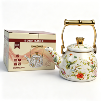 Bouilloire en émail BLS-FH1.5L motif floral et oiseaux, avec poignée en bambou doré, théière vintage en émail pour cuisinière à gaz et à induction