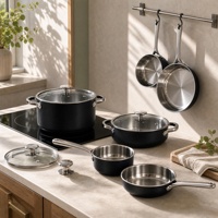 Set Peralatan Masak Stainless Steel Tri-Ply 8 Buah dengan Tutup Kaca, Panci dan Wajan Berlapis Keramik, Ramah Lingkungan, Aman untuk Mesin Cuci Piring
