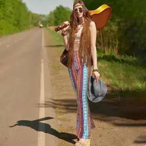 Disfraz de los años 70 para mujer, trajes de discoteca, accesorios hippie, chaleco con flecos, conjunto de pantalones acampanados bohemios