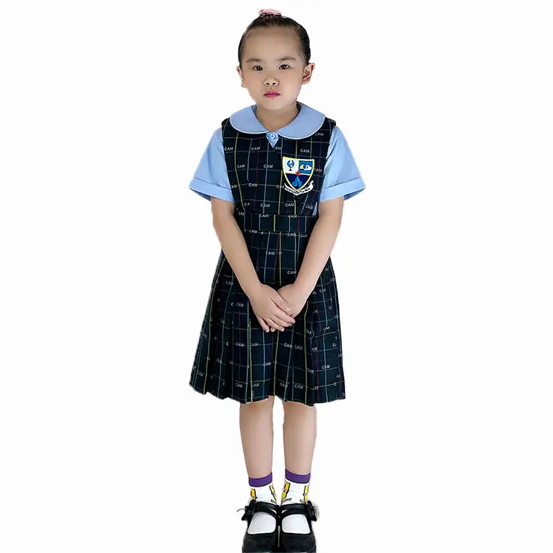 High Quality school uniform Girls V-Neck pinafore Plaid Pinafore Dress peter pan blouse