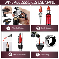 Ensemble d'outils de bar portable moderne en acier inoxydable rouge vif, type bouteille de vin, cinq pièces : tire-bouchon, bouchon de bouteille et verseur