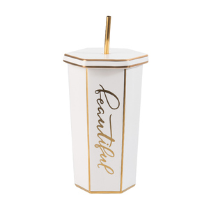 Tazas de Cerámica de Gran Capacidad con Borde Dorado en Forma de Rombo, Tazas Personalizadas para Sublimación, Tazas para Beber con Tapas y Pajitas - Product Image 5