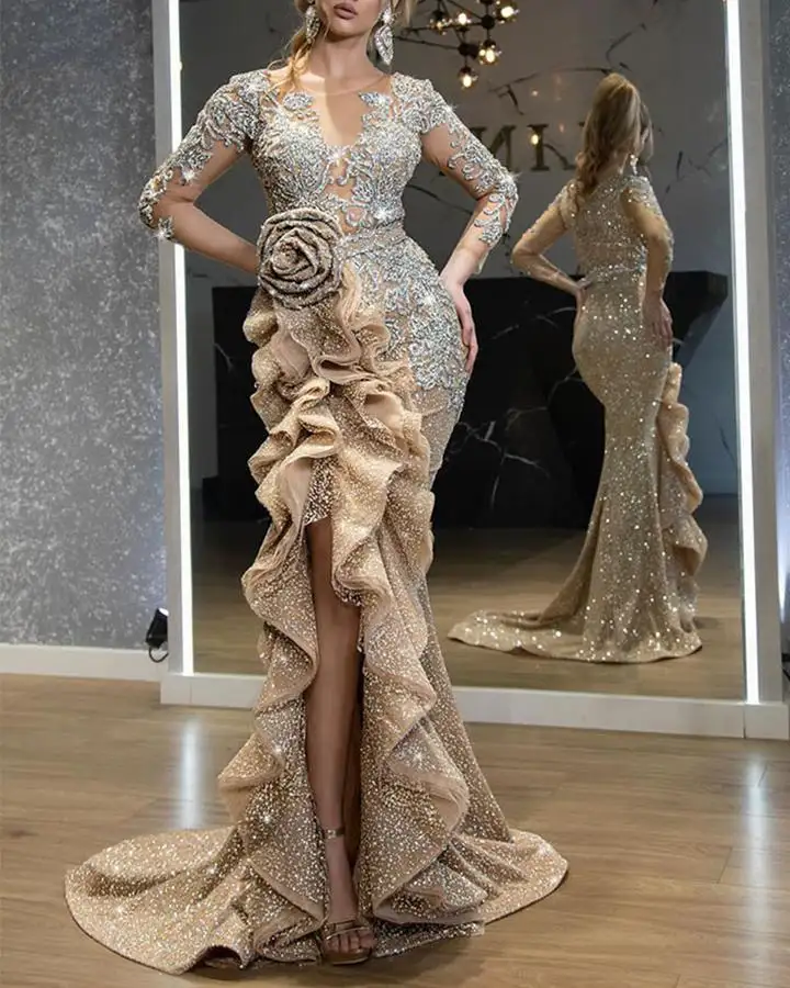 Sexy gold long sleeved cocktail dress with matching sequins lace and rose wrap floor-length evening dress