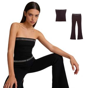 Pantalones y Top de Poliéster Transpirable, Estilo Europeo y Americano, de Cintura Alta, Casuales, Acampanados, Lisos y Teñidos para Mujer - Product Image 1