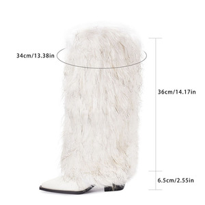Big Size 46 Women Chunky Heels Plush Fur <b>Long</b> Booties on Fluffy Knee High Boots Winter Furry Snow Wide Fit Shoes - Product Image 6