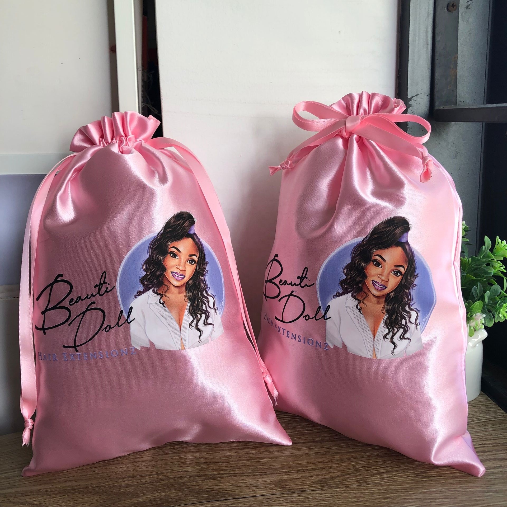 Pink Satin Drawstring Bag Customized Logo Printed Satin Gift Bag