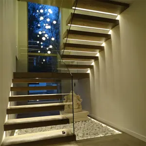 Daiya escada flutuante de madeira com grande pouso, vidro endurecido com luz led