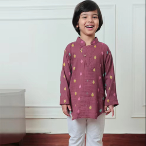 Ensemble Kurta en coton imprimé pour garçons avec pyjama blanc – Tenue ethnique traditionnelle pour fêtes et mariages – Ensemble Kurta pour enfants - Product Image 1
