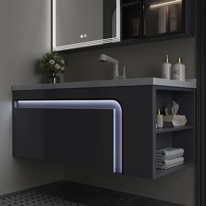 ตู้ห้องน้ำสีเทาเข้มสุดหรู ตู้กระจกอัจฉริยะพร้อมพื้นที่จัดเก็บ อ่างล้างหน้าสีขาวแบบติดผนัง - Product Image 5