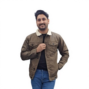 <b>Men's</b> Brown Canvas <b>Jacket</b> With <b>Sherpa</b> Lining Turn-down Collar Casual Autumn Style Regular Fit Windproof Polyester Cotton - Product Image 1