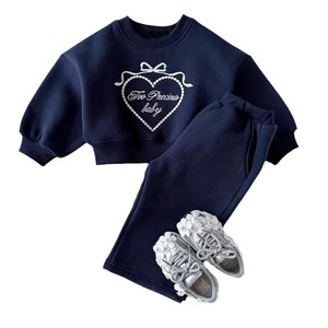 2025 printemps et automne nouveaux enfants Ins ensemble garçons et filles col rond bébé mode toile amour brodé à capuche deux pièces - Product Image 3