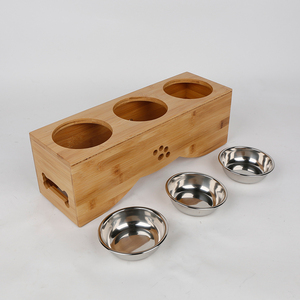 Kind Bamboo & Melamine <b>Dog</b> Cat Food <b>Table</b> Raised Feeder Bowl Set Portable Modern Style - Product Image 3