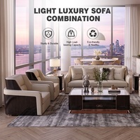 Ensemble de meubles de salon de luxe en cuir crème, canapé, causeuse, fauteuil, bois foncé, or rose, solution complète pour villa personnalisée