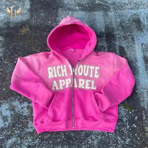 Sudadera con capucha extragrande personalizable OEM para invierno, con logotipo bordado de pedrería, forro polar de algodón 500GSM, cierre de cremallera, corte con borde, lavado ácido, 100% algodón - Product Image 2