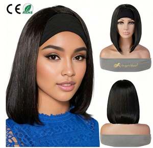 Perruque courte à bandeau en cheveux Remy vietnamiens bruts, pour femmes noires, 100% cheveux humains, sans colle, base en soie transparente, naturelle et complète - Product Image 1