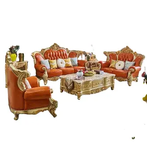 Hand-Carved Solid Wood French Luxury Couch Set Genuine Leather Sofa for Hotel Villa Modern Antique Appearance for Living Room