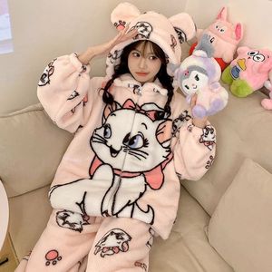 بيجامة نسائية شتوية جديدة مع بيجامات فلانيل سميكة قطيفة ولطيفة مع سحاب قطة بغطاء رأس - Product Image 2
