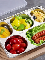Assiette à manger personnalisée avec impression de logo en gros plateau d'école avec couvercle pour séparer l'assiette de riz à cinq grilles