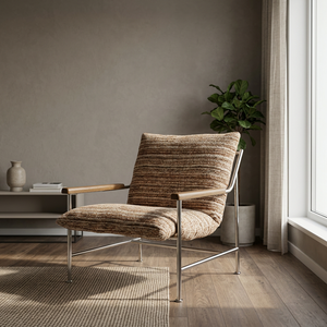 Sillón moderno de mediados de siglo con estructura metálica y brazos de madera, tapicería de tela a rayas, respaldo sólido, muebles para sala de estar - Product Image 2