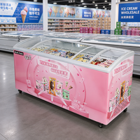 -22 ° Congélateur horizontal commercial à glace, avec couvercle en verre incurvé, pour la présentation de crèmes glacées, avec autocollants de marque