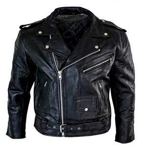 Men's Genuine <b>Leather</b> Motorcycle <b>Jacket</b> Solid Breathable Eco-Friendly Zipper Closure Turn-down Collar Regular Fit Autumn Wear - Product Image 1