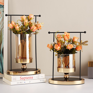 Modern Minimalist Metal Glass <b>Vase</b> With Iron Frame For Living Room Tabletop Decoration - Product Image 1