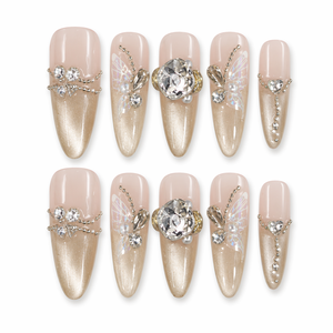 Faux ongles autocollants Champagne effet œil de chat, papillon en strass, couvrance totale, brillants, 10 pièces pour doigts - Product Image 1