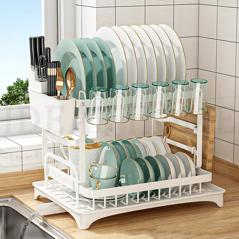 Égouttoir à vaisselle blanc à 2 niveaux avec égouttoir Égouttoir à vaisselle en acier inoxydable avec support d'ustensile de drainage