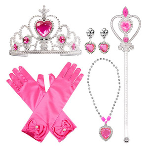 Princess Crown <b>Magic</b> Wand Necklace Earrings Gloves <b>Set</b> Pink For Kids Costume Accessories - Product Image 1