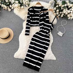 <b>Long</b> Sleeve Striped Spaghetti <b>Slip</b> Autumn Digital Printing Natural Waist Acrylic Crocheted Knitted Breathable Eco-Friendly Dress - Product Image 1