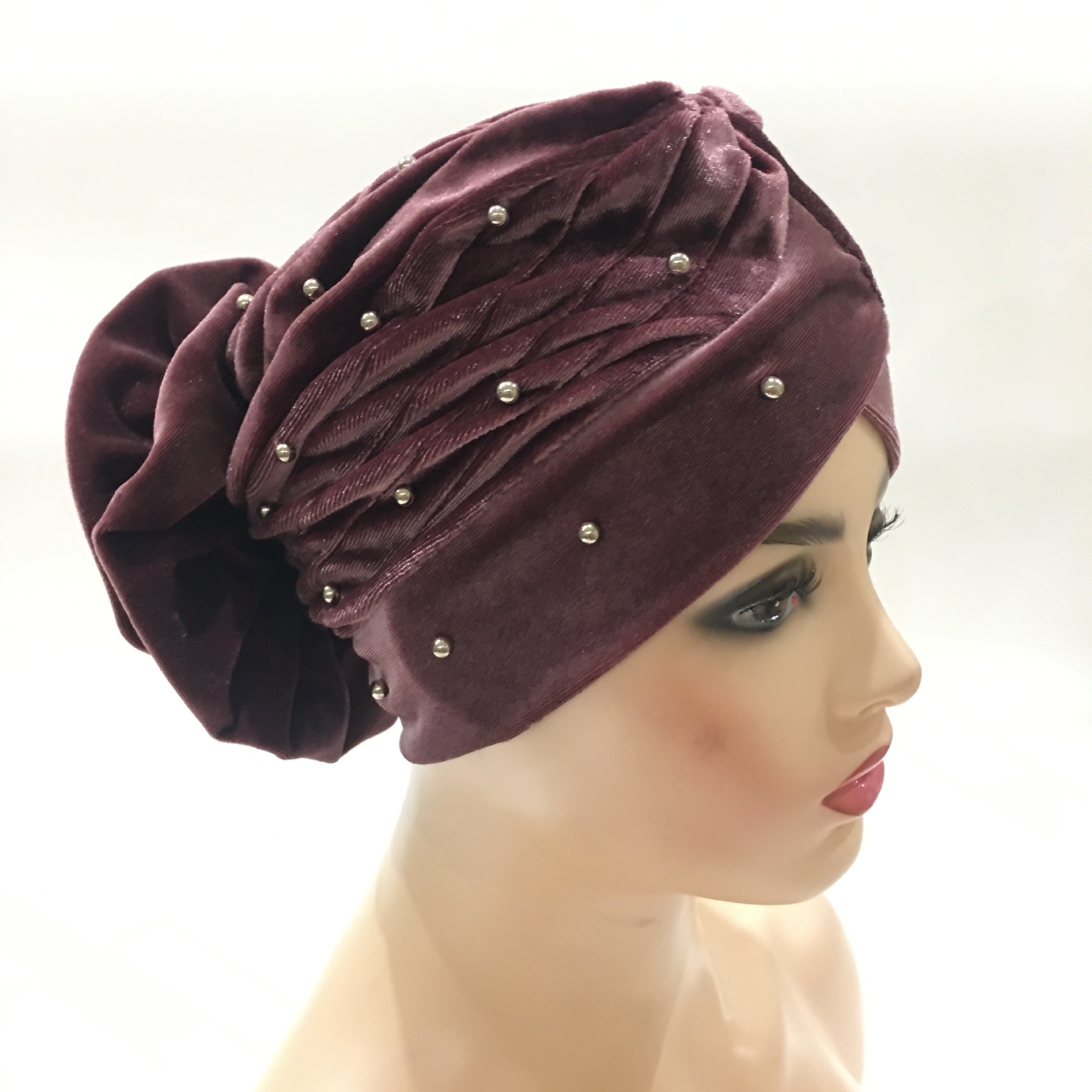 Wholesale Fashion Gold Velvet Hot Rhinestone Folded Headscarf Arabian Headscarf Ladies Chemotherapy Hat Sleeping Hat
