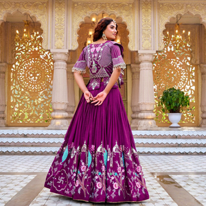 Designer Royal Wine Printed Lehenga Choli with Embroidered <b>Jacket</b> Set | Festive Wear Traditional Navratri & <b>Wedding</b> Garba Chan - Product Image 4