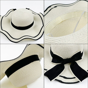 <b>Straw</b> <b>Hat</b> Wide Brim Sun Protection Beach Wear Off White With Black Ribbon Female Summer 2024 - Product Image 1