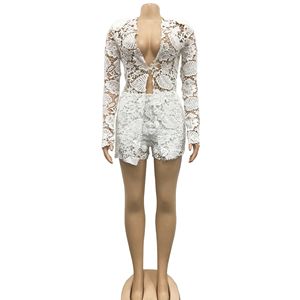 New Popular <b>Sexy</b> Deep V Floral Print Lace Hollow Out Two Piece Shorts <b>Set</b> Women Fashion - Product Image 2