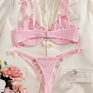 Set <span class=keywords><strong>di</strong></span> Lingerie Erotica Sexy Trasparente in Rete Rosa con Ricamo a Cuore, Reggiseno Arricciato per Donne, Set <span class=keywords><strong>di</strong></span> Intimo Sexy - Product Image 2